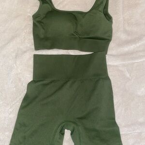Seamless Olive Green Ribbed Bralette and Shorts Set